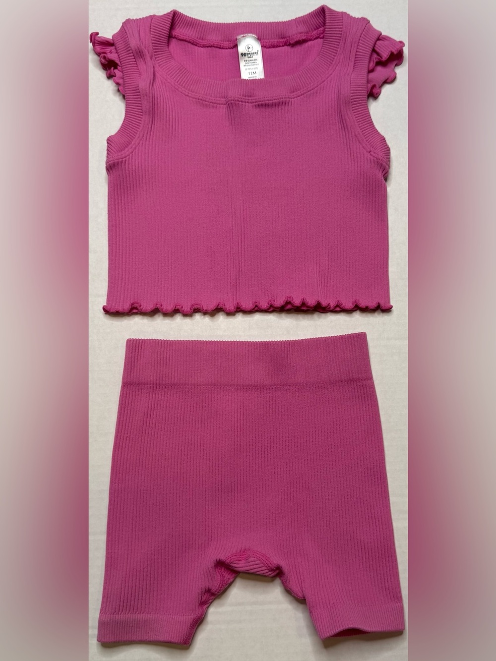 90 Degree by Reflex Girls 12M Hot Pink Ribbed 2 Piece Set | Tank + Biker Shorts